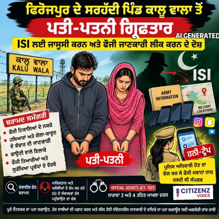 ਫਿਰੋਜ਼ਪੁਰ ਦੇ ਸਰਹੱਦੀ ਪਿੰਡ ਕਾਲੂ ਵਾਲਾ ਤੋਂ ਪਤੀ-ਪਤਨੀ ਗ੍ਰਿਫ਼ਤਾਰ, ISI ਲਈ ਜਾਸੂਸੀ ਕਰਨ ਅਤੇ ਫੌਜੀ ਜਾਣਕਾਰੀ ਲੀਕ ਕਰਨ ਦੇ ਦੋਸ਼